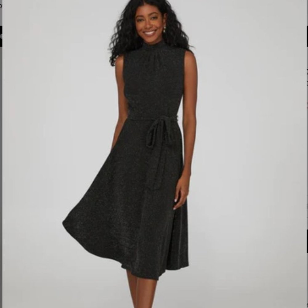 Metallic Sparkle Mock Neck Midi Dress Size Small Black NWT
